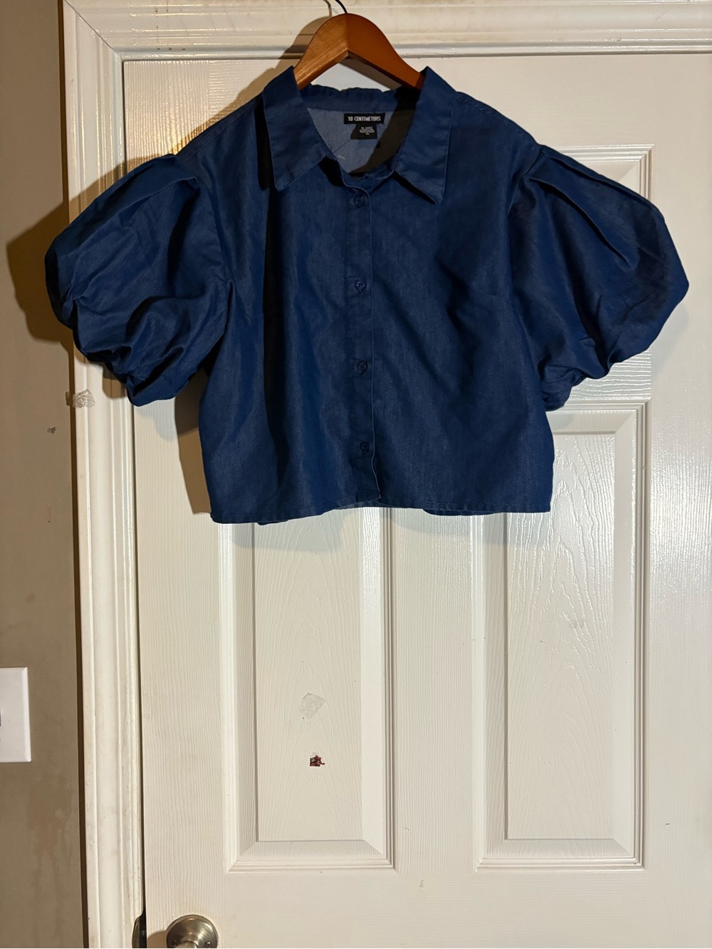 Puff-Sleeve Button-Front Kids Top in Navy